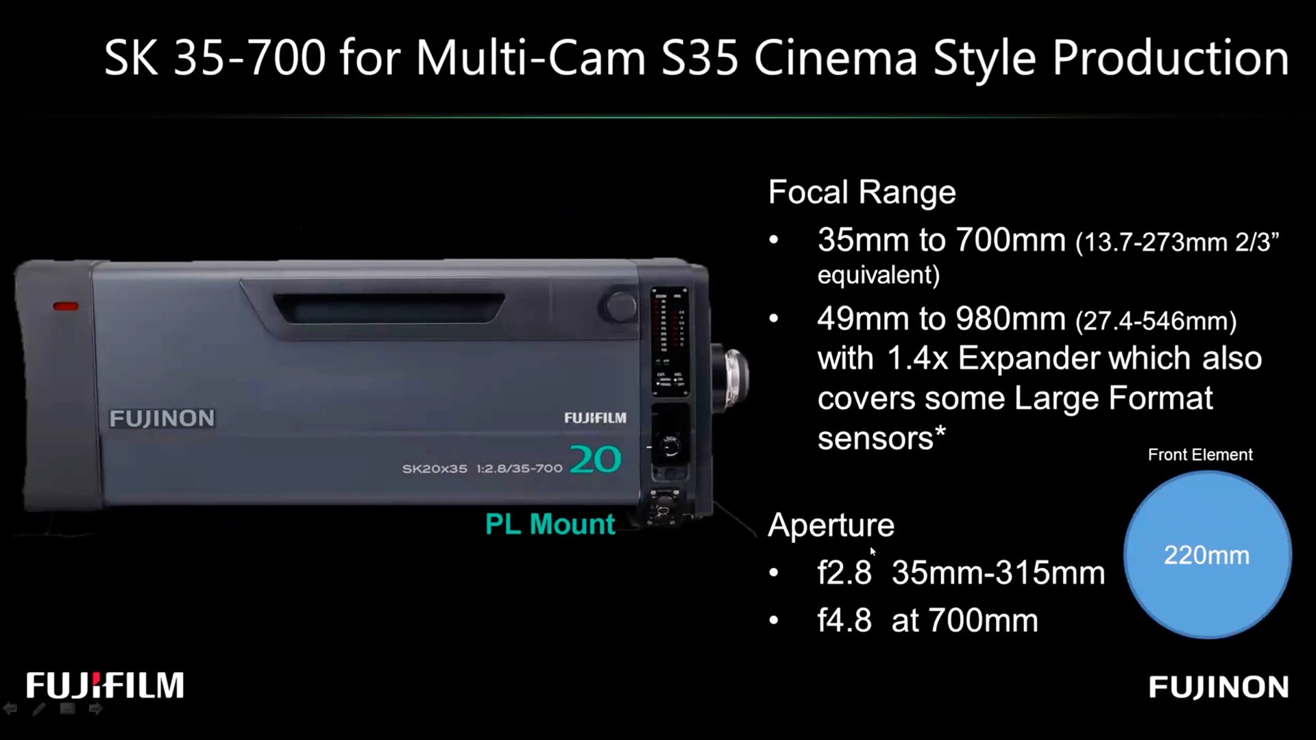 Fujinon SK35-700mm.  Diapositive de l'événement Lens 2021 de la Digital Cinema Society.