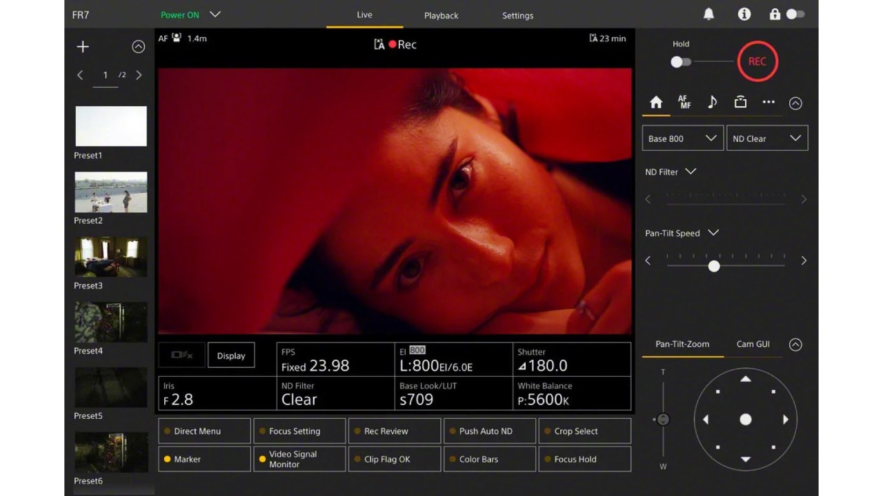Caméra Sony FR7 Cinema Line PTZ : interface
