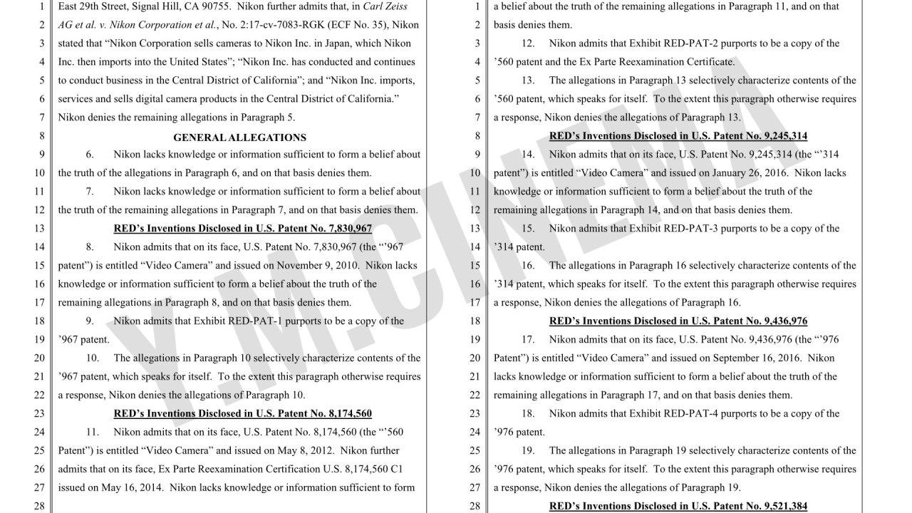 Réponse de Nikon Corporation et Nikon Inc à la plainte de RED.COM, Llc pour violation de brevet