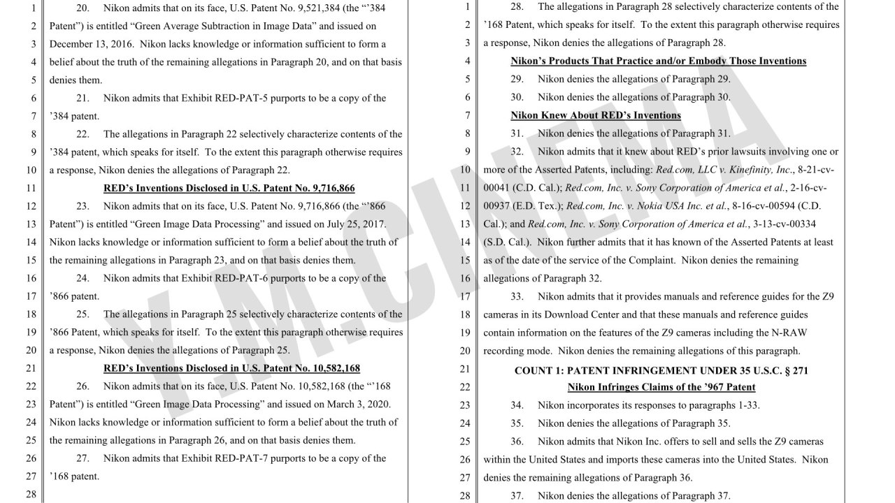 Réponse de Nikon Corporation et Nikon Inc à la plainte de RED.COM, Llc pour violation de brevet