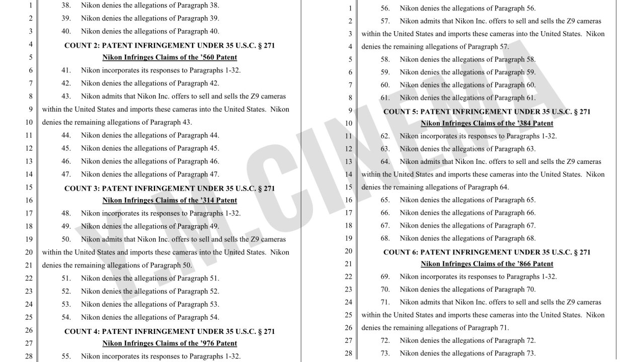 Réponse de Nikon Corporation et Nikon Inc à la plainte de RED.COM, Llc pour violation de brevet