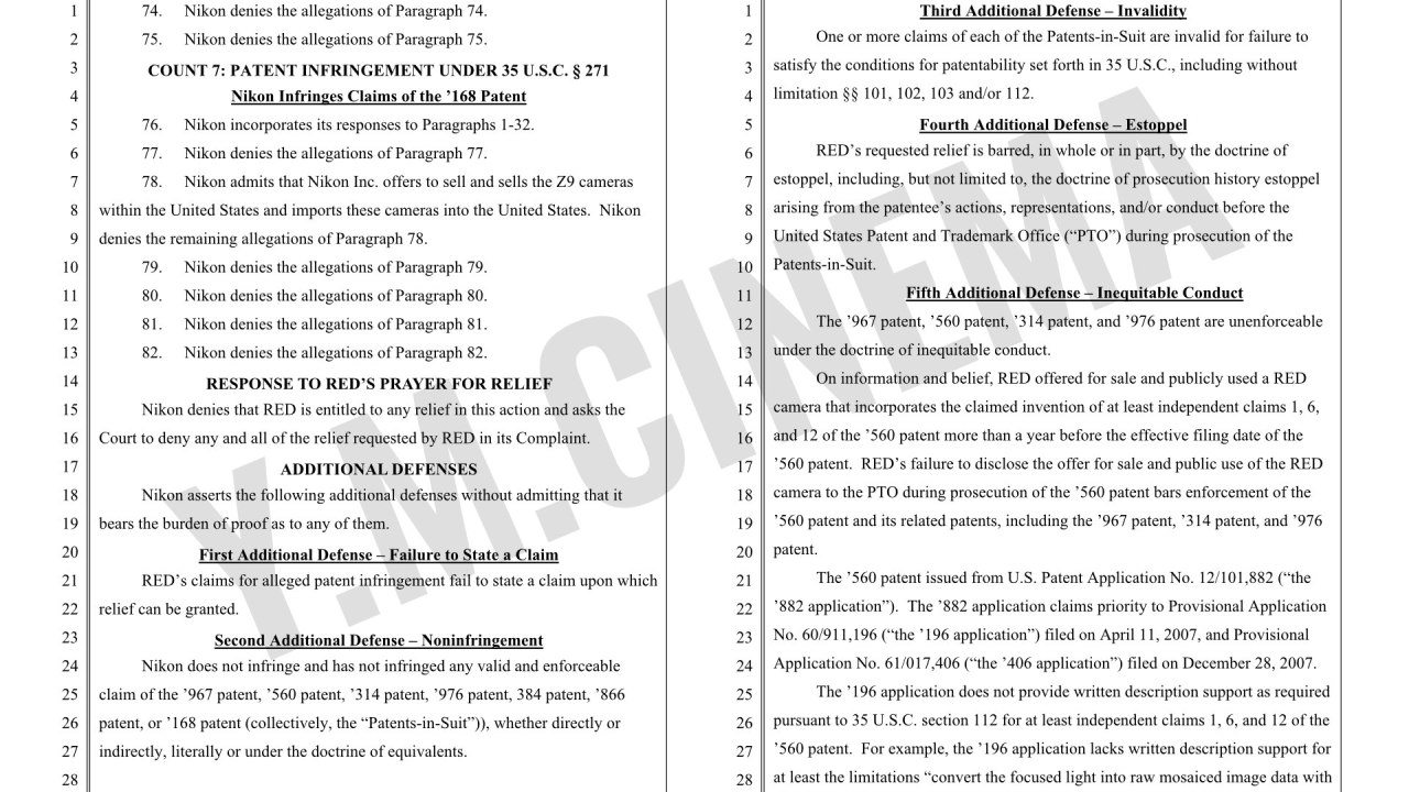 Réponse de Nikon Corporation et Nikon Inc à la plainte de RED.COM, Llc pour violation de brevet