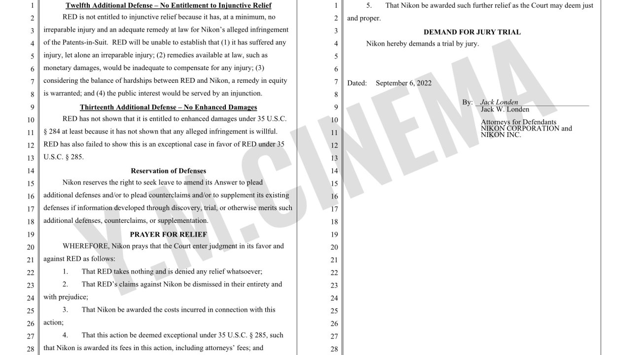 Réponse de Nikon Corporation et Nikon Inc à la plainte de RED.COM, Llc pour violation de brevet