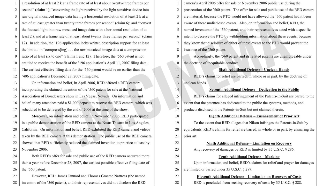 Réponse de Nikon Corporation et Nikon Inc à la plainte de RED.COM, Llc pour violation de brevet