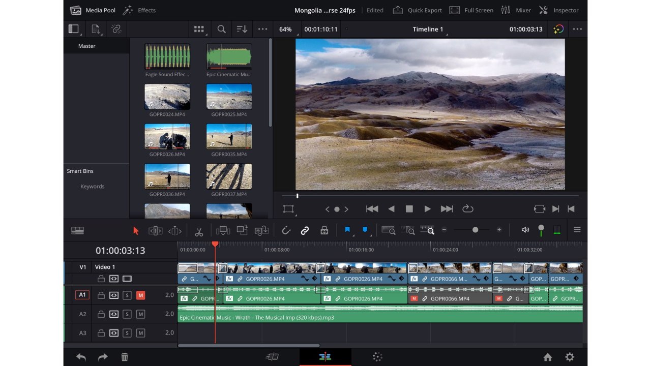 DaVinci Resolve pour iPad : la page Modifier.  Crédit YM Cinema