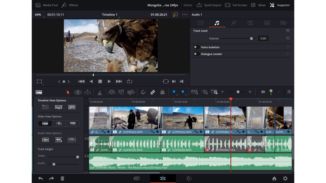 DaVinci Resolve pour iPad : la page Modifier.  Crédit YM Cinema