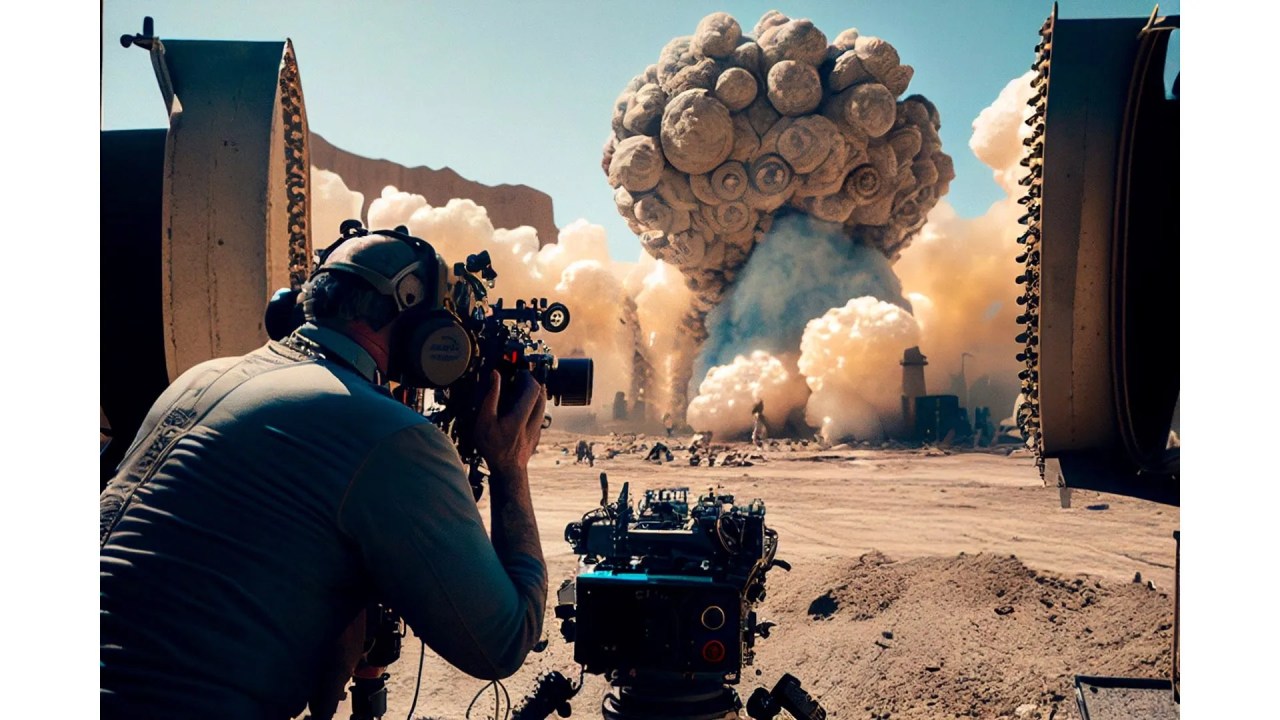 Images AI des caméras IMAX filmant la scène de la Trinité d'Oppenheimer.  Image: Saran Srimee via Midjourney