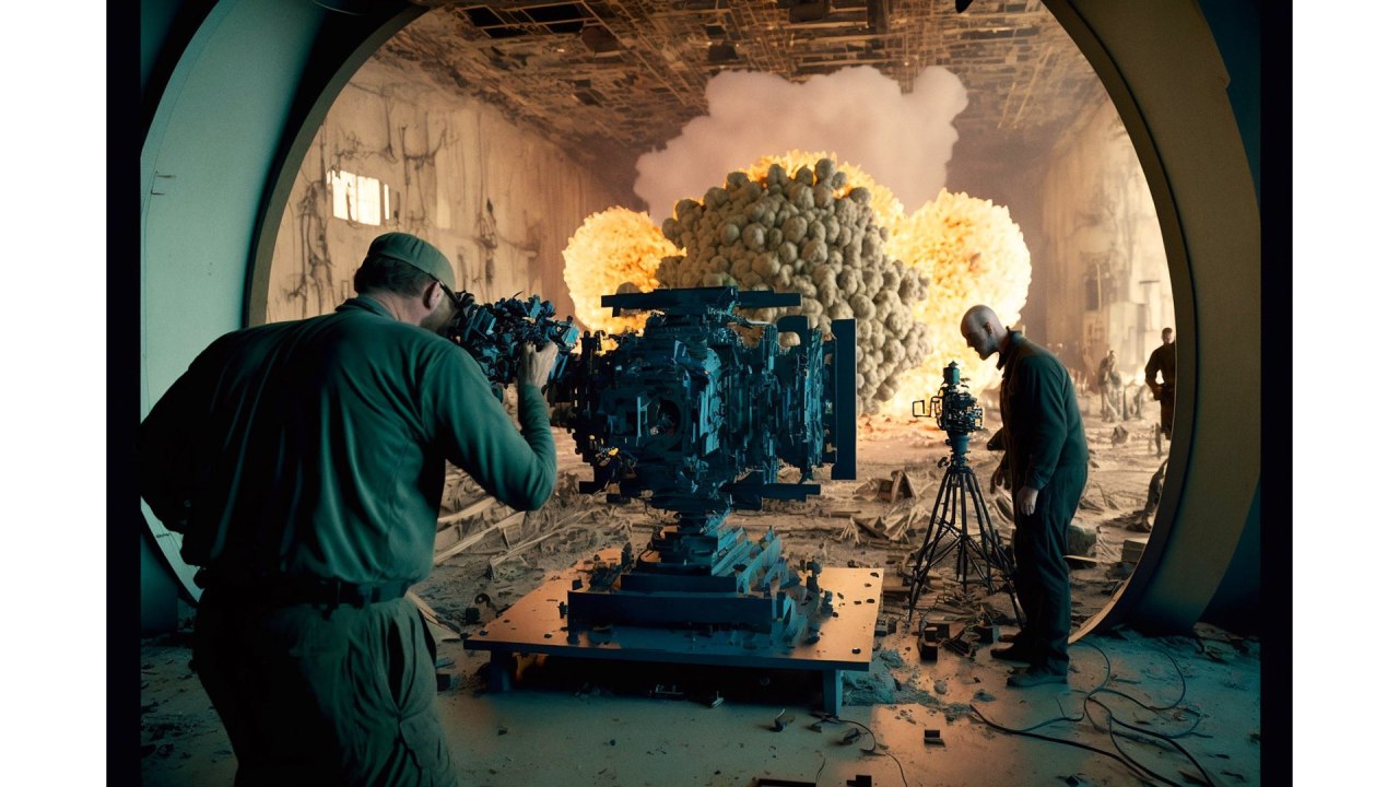 Images AI des caméras IMAX filmant la scène de la Trinité d'Oppenheimer.  Image: Saran Srimee via Midjourney