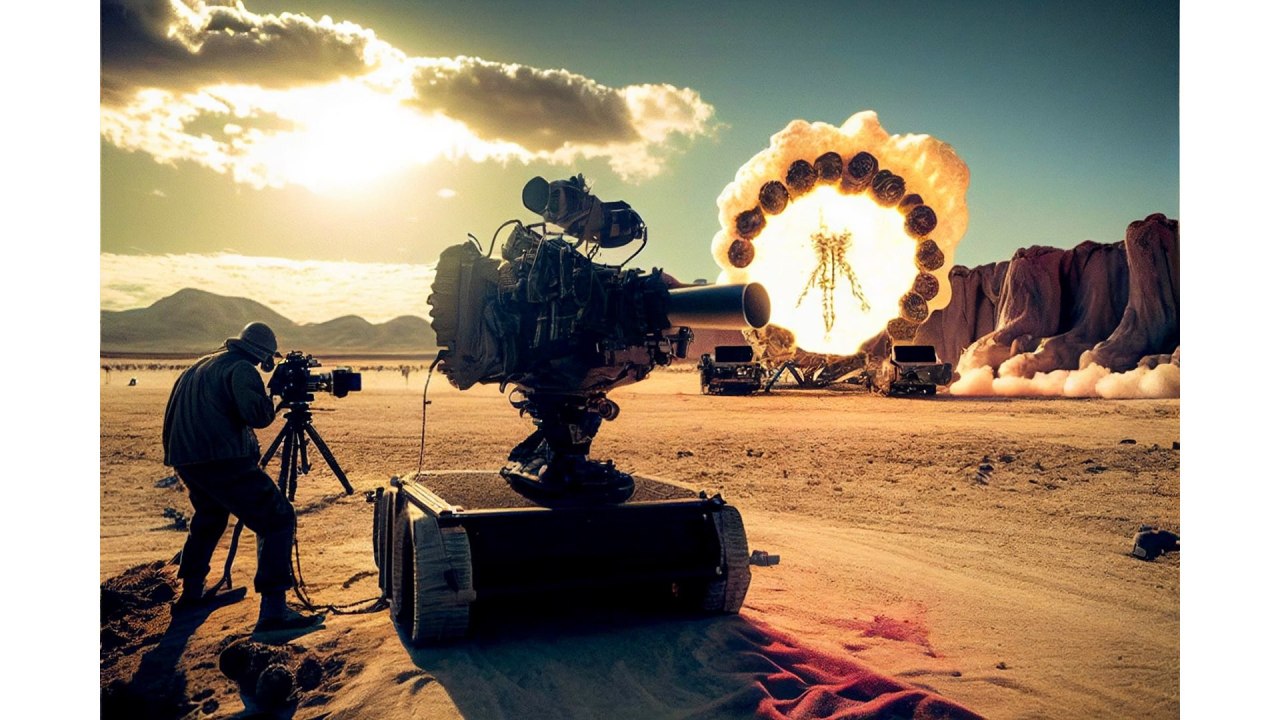 Images AI des caméras IMAX filmant la scène de la Trinité d'Oppenheimer.  Image: Saran Srimee via Midjourney